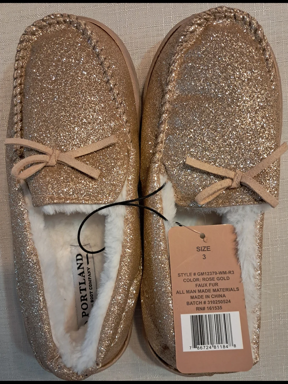 Portland Kids' Glitter Moccasin Slippers - Champagne Sparkle
